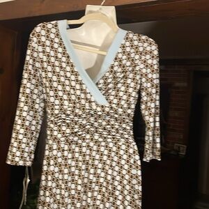 Elegant Baby blue and brown Patterned V Neck Dress